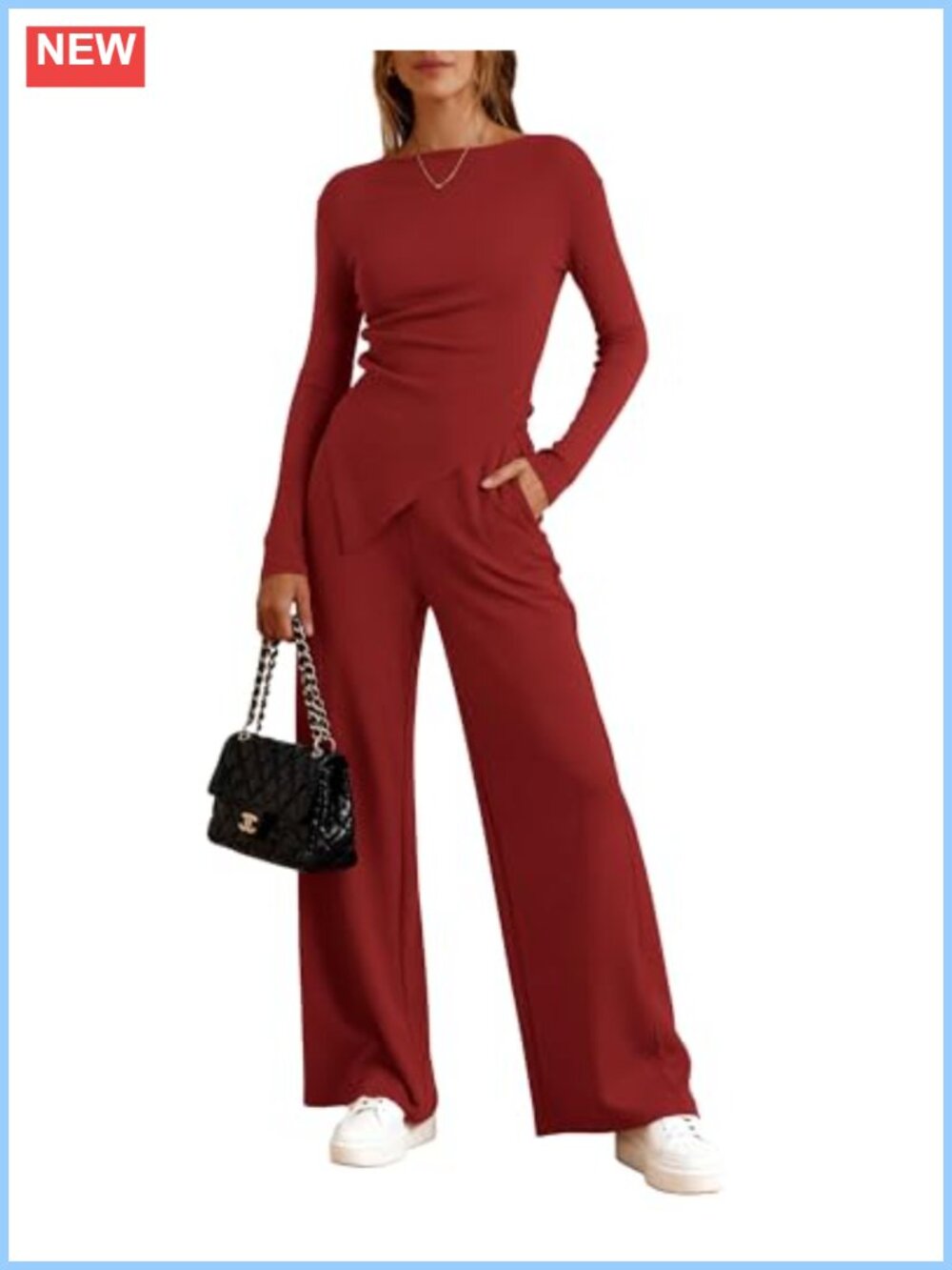 Two Piece Lounge Set Asymmetrical Boat Neck Top Wide Leg Pants